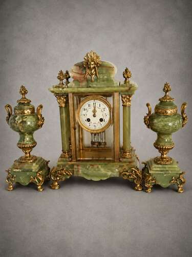 French Napoleon III Onyx and Ormolu Portico Mantel Clock Garniture